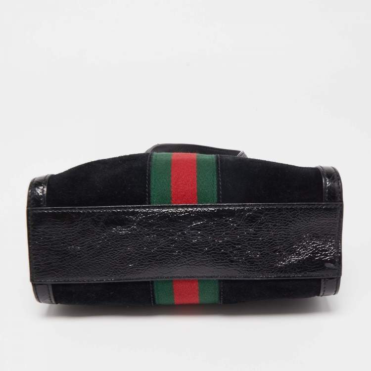 Pre Owned Gucci Black Suede and Patent Leather Small Web Ophidia Tote