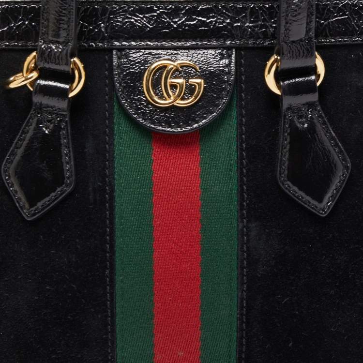 Pre Owned Gucci Black Suede and Patent Leather Small Web Ophidia Tote