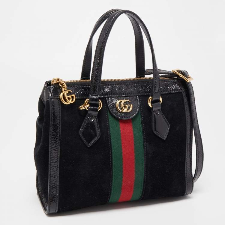 Pre Owned Gucci Black Suede and Patent Leather Small Web Ophidia Tote
