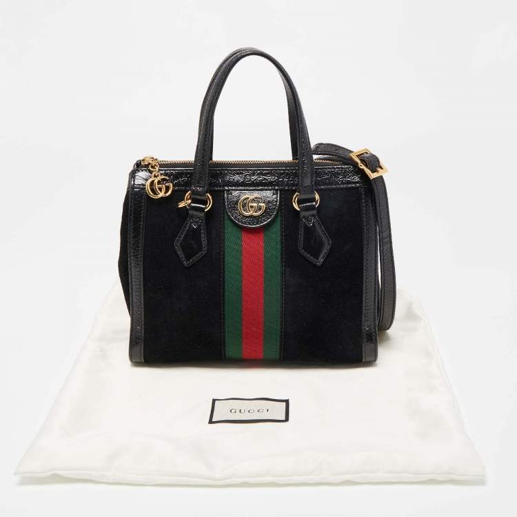 Pre Owned Gucci Black Suede and Patent Leather Small Web Ophidia Tote