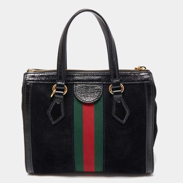 Pre Owned Gucci Black Suede and Patent Leather Small Web Ophidia Tote