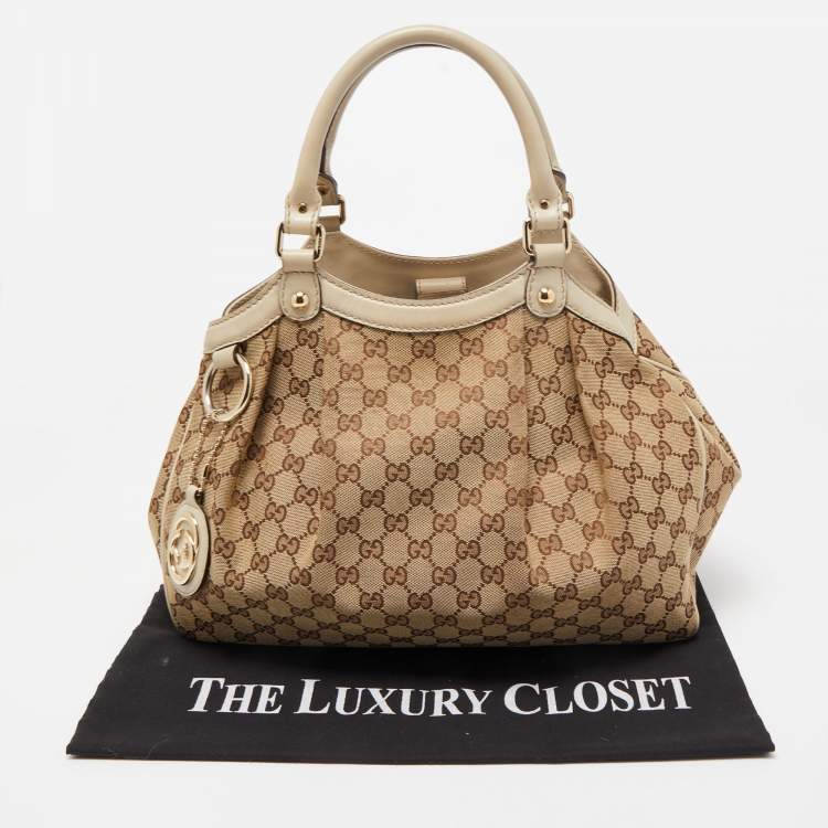 Pre Owned Gucci Off White/Beige GG Canvas and Leather Medium Sukey Tote