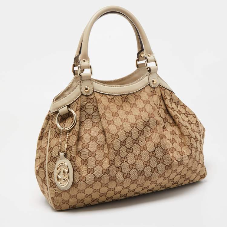 Pre Owned Gucci Off White/Beige GG Canvas and Leather Medium Sukey Tote