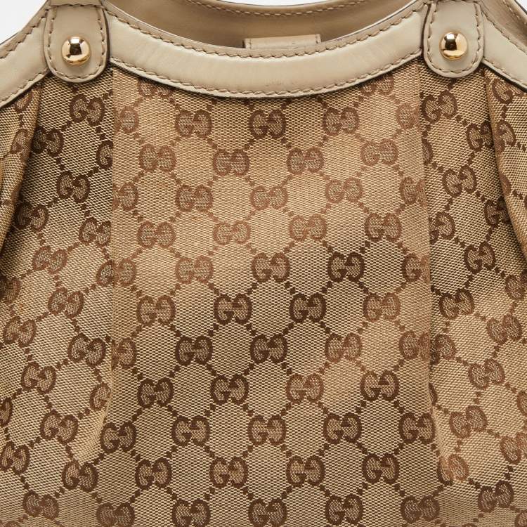 Pre Owned Gucci Off White/Beige GG Canvas and Leather Medium Sukey Tote