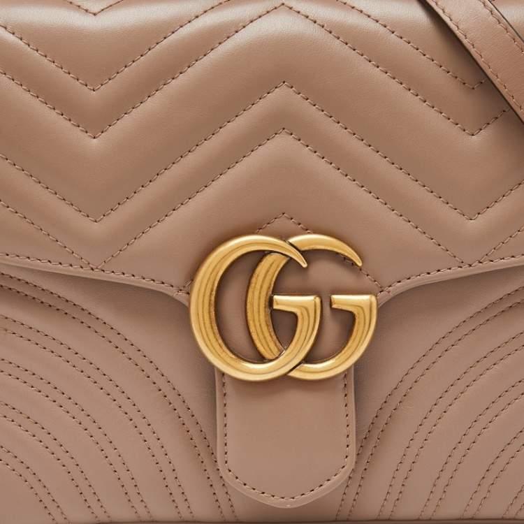 Pre Owned Gucci Beige Matelasse Leather Small GG Marmont Top Handle Bag