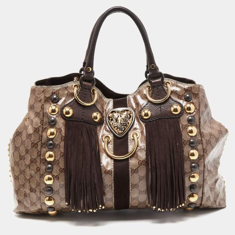 Pre Owned Gucci Beige GG Crystal Canvas Large Babouska Heart Tote