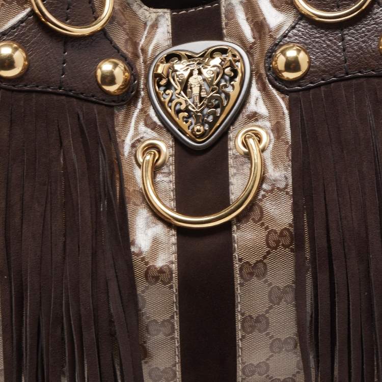 Pre Owned Gucci Beige GG Crystal Canvas Large Babouska Heart Tote