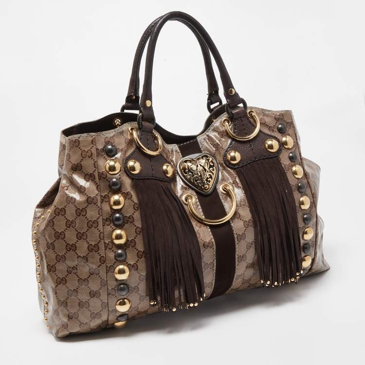 Pre Owned Gucci Beige GG Crystal Canvas Large Babouska Heart Tote