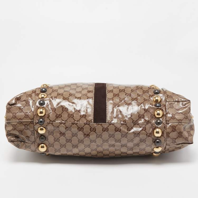 Pre Owned Gucci Beige GG Crystal Canvas Large Babouska Heart Tote