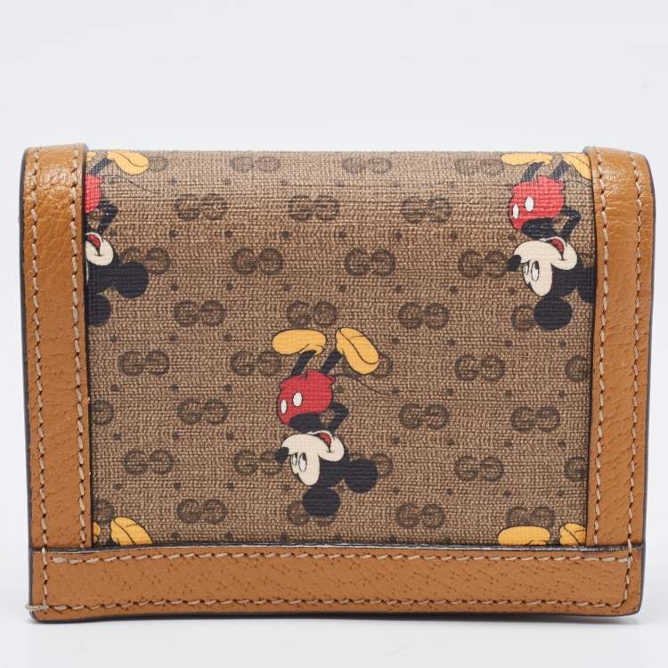 مملوكة مسبقًا Gucci Brown/Beige GG Supremes and Leather Mickey Mouse Flap Card Case 