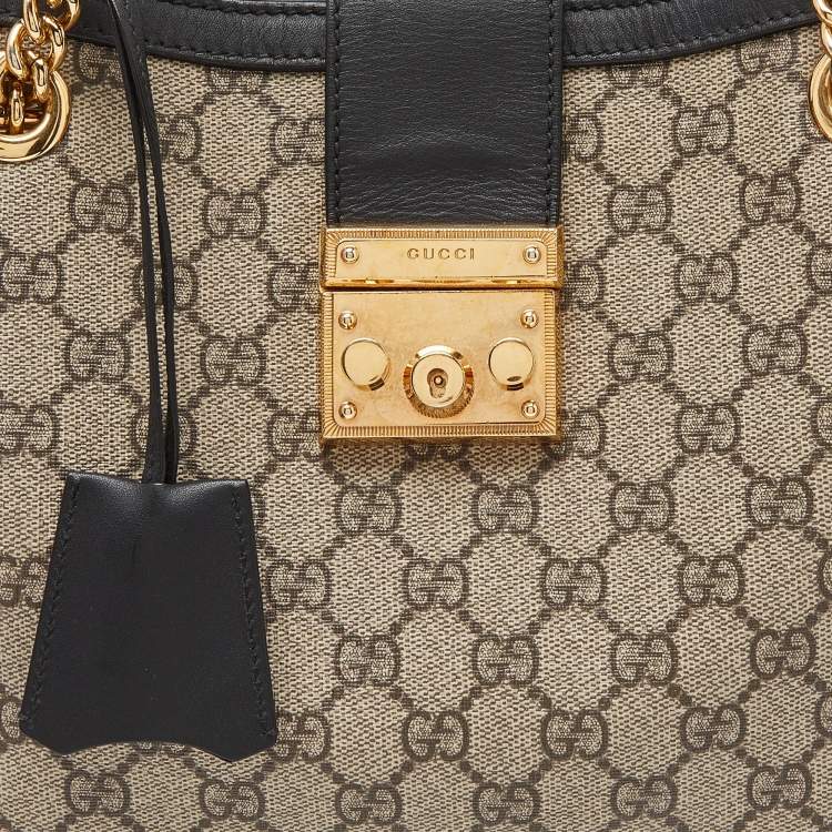 Pre Owned Gucci Beige/Black GG Supreme Canvas and Leather Medium Padlock Tote