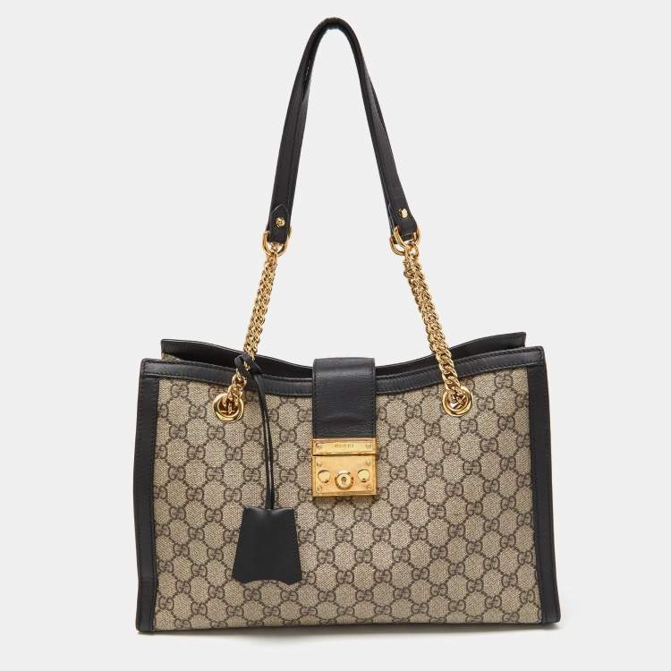 Pre Owned Gucci Beige/Black GG Supreme Canvas and Leather Medium Padlock Tote