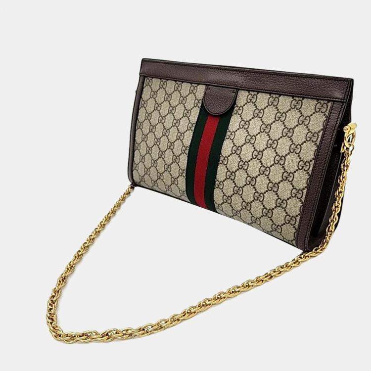 Pre Owned Gucci Brown Coated Canvas Leather Small Ophidia Web Chain Shoulder Bag
