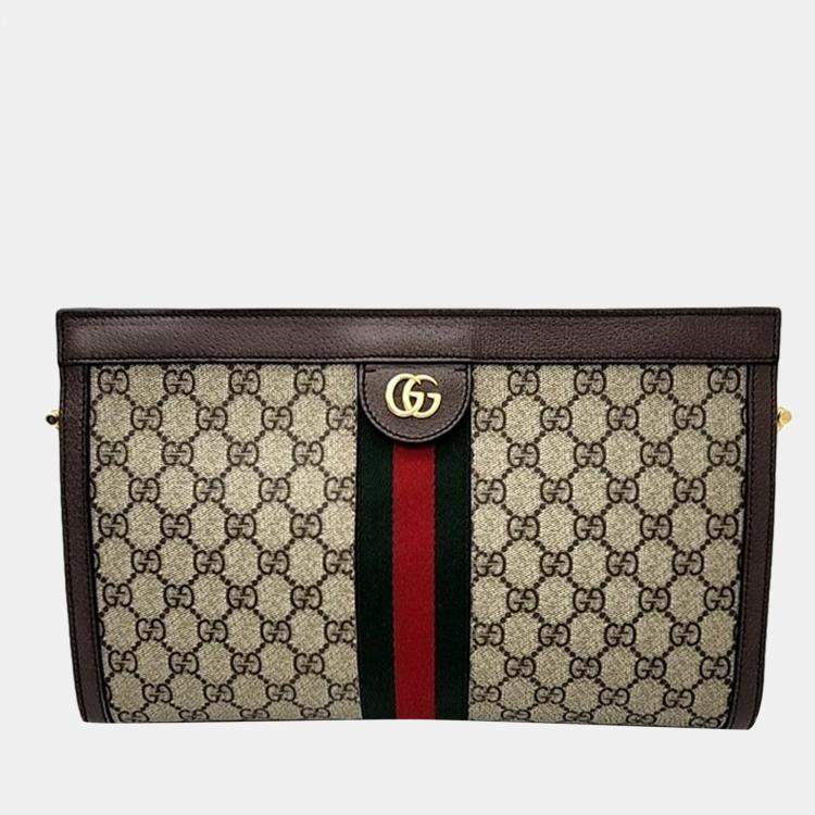 Pre Owned Gucci Brown Coated Canvas Leather Small Ophidia Web Chain Shoulder Bag