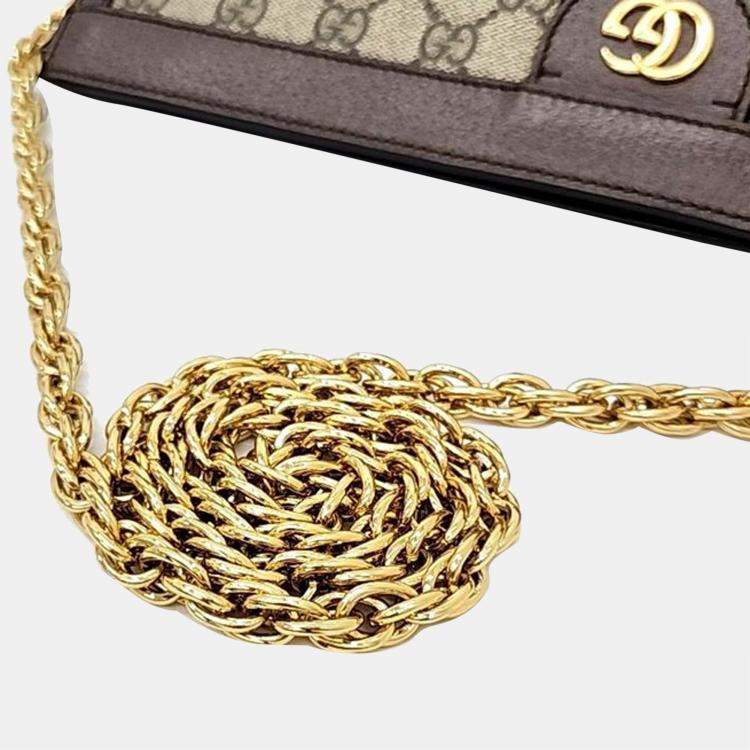 Pre Owned Gucci Brown Coated Canvas Leather Small Ophidia Web Chain Shoulder Bag