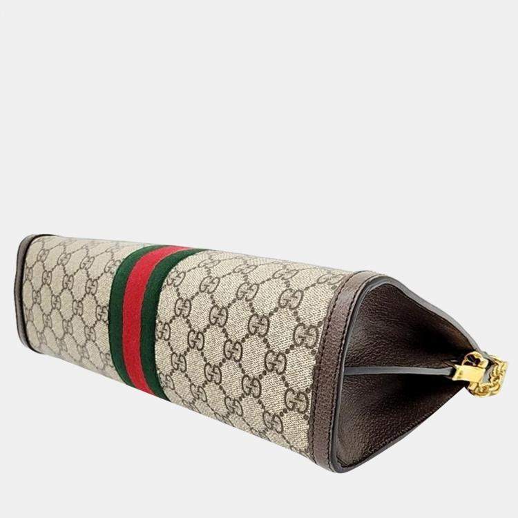 Pre Owned Gucci Brown Coated Canvas Leather Small Ophidia Web Chain Shoulder Bag