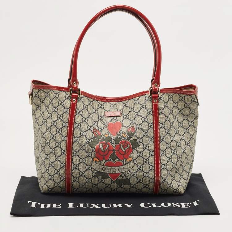 Pre Owned Gucci Red/Blue GG Supreme Canvas and Patent Leather Medium Heart Tattoo Joy Tote