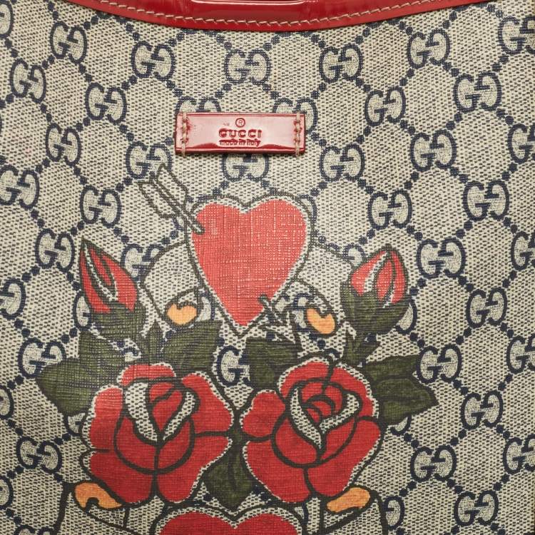 Pre Owned Gucci Red/Blue GG Supreme Canvas and Patent Leather Medium Heart Tattoo Joy Tote