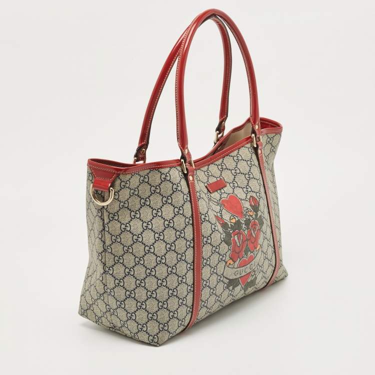 Pre Owned Gucci Red/Blue GG Supreme Canvas and Patent Leather Medium Heart Tattoo Joy Tote