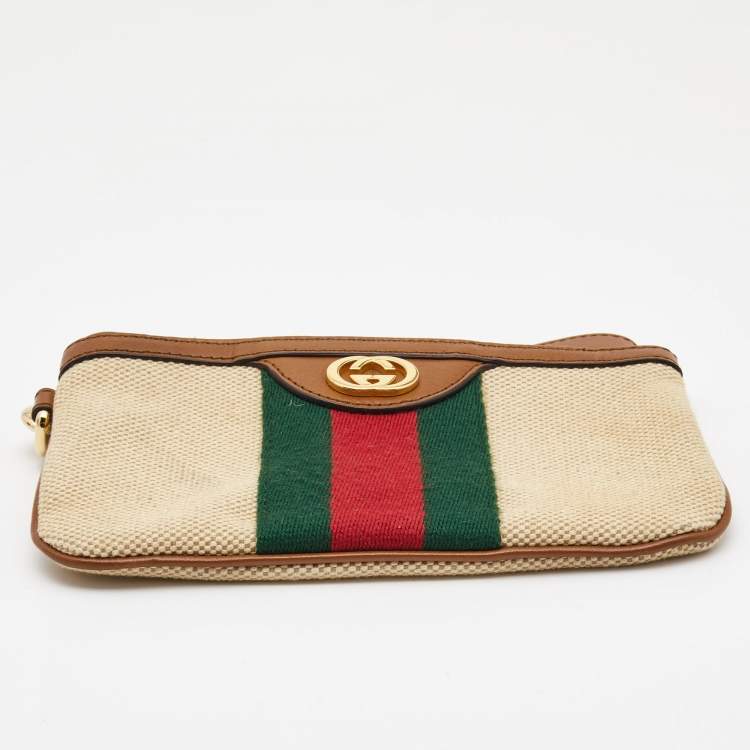 Pre Owned Gucci Brown/Beige GG Web Wristlet Pouch 