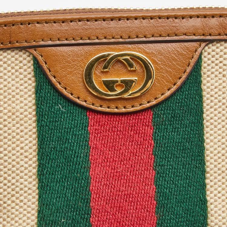 Pre Owned Gucci Brown/Beige GG Web Wristlet Pouch 