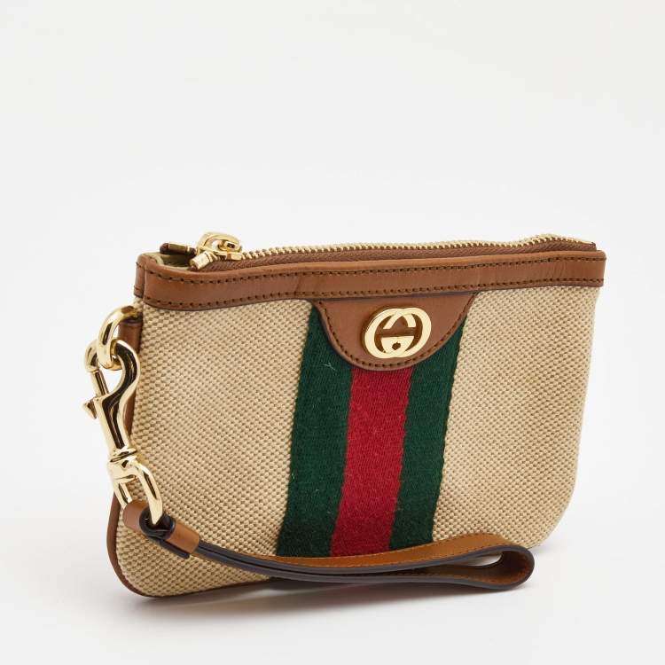 Pre Owned Gucci Brown/Beige GG Web Wristlet Pouch 