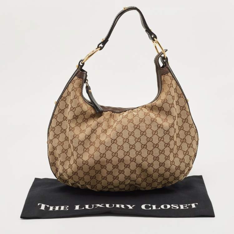 Pre Owned Gucci Beige/Brown GG Canvas and Leather Medium Interlocking G Hobo 
