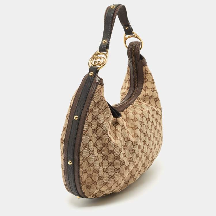 Pre Owned Gucci Beige/Brown GG Canvas and Leather Medium Interlocking G Hobo 