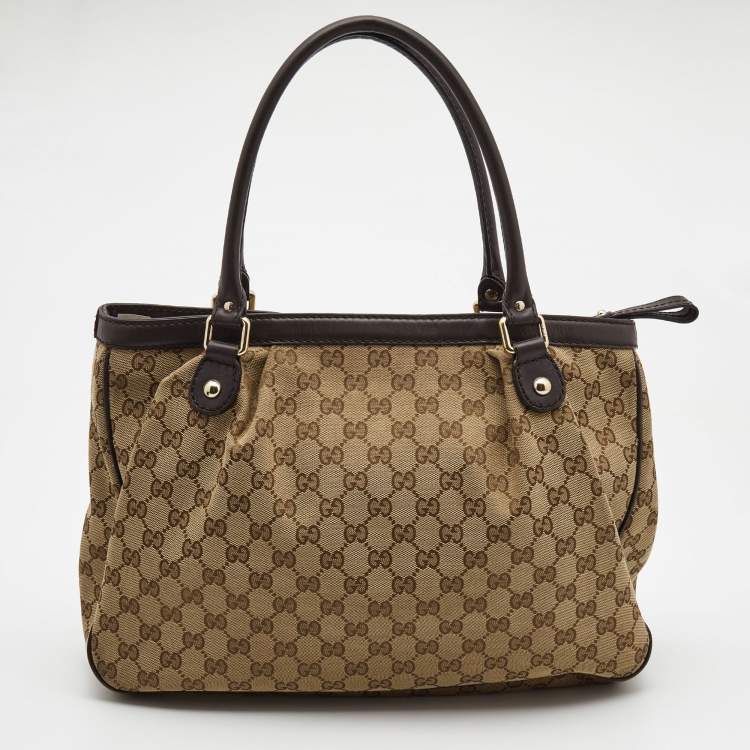 Pre Owned Gucci Beige/Brown GG Canvas and Leather Medium Sukey Tote