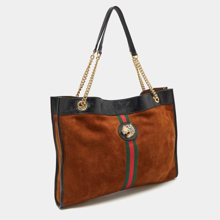 Pre Owned Gucci Brown/Black Suede and Patent Leather Large Rajah Tote