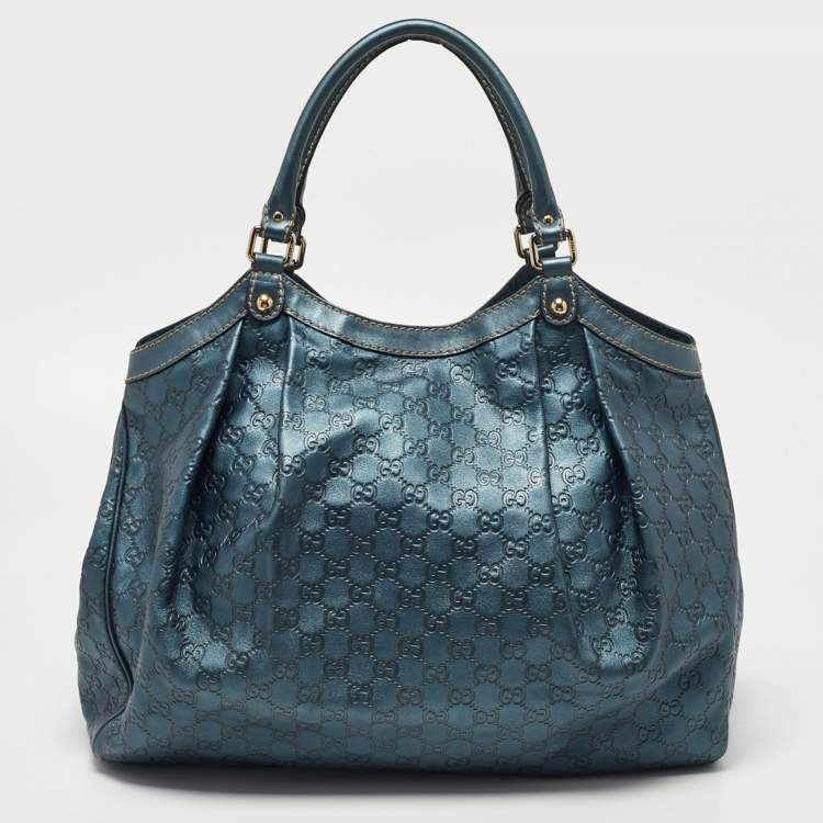 مملوكة مسبقًا Gucci Metallic Blue Guccissima Leather Large Sukey Tote