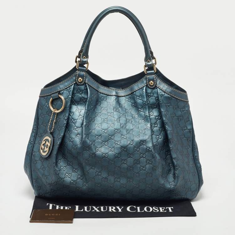 مملوكة مسبقًا Gucci Metallic Blue Guccissima Leather Large Sukey Tote