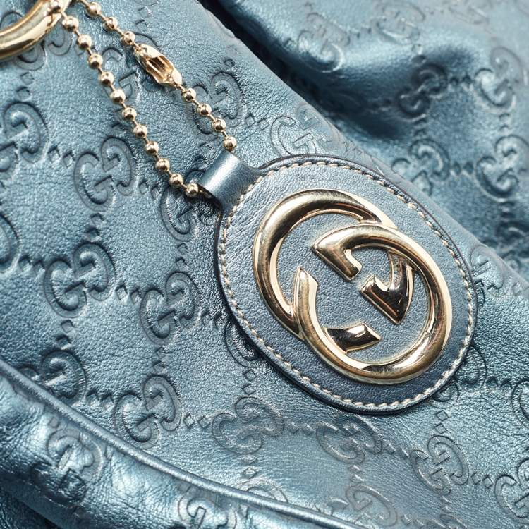 مملوكة مسبقًا Gucci Metallic Blue Guccissima Leather Large Sukey Tote