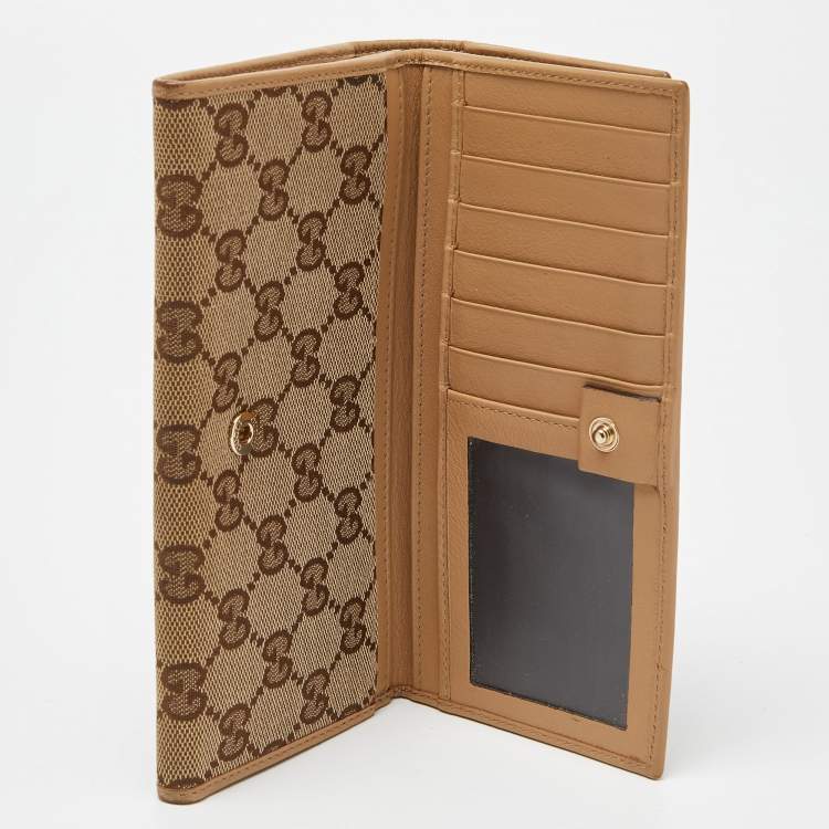 Pre Owned Gucci Beige GG Canvas and Leather Flap Continental Wallet