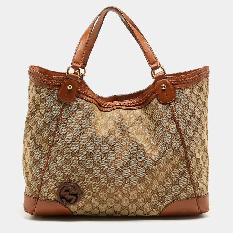 Gucci Tote with Pouch Brown Canvas Leather Preloved Vintage Authentic
