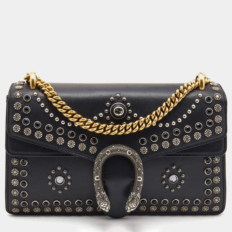 Gucci Black Leather And Strass Studded Small Dionysus Bag Gold And