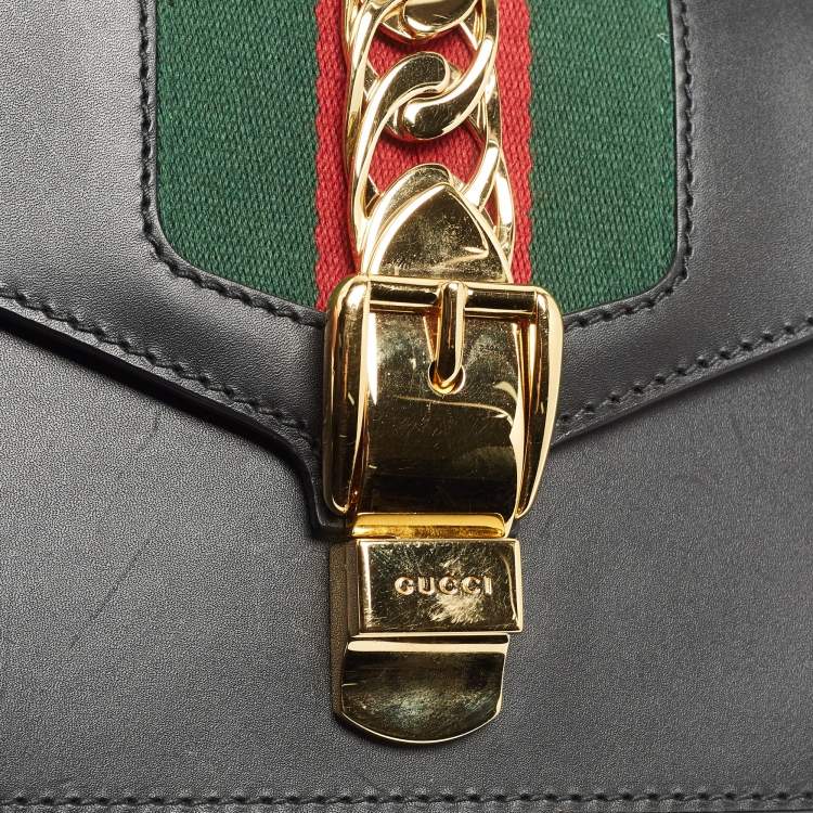Pre Owned Gucci Black Leather Mini Web Chain Sylvie Crossbody Bag