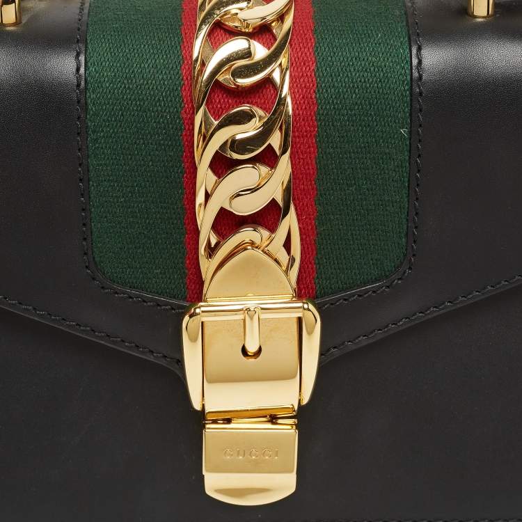 Pre Owned Gucci Black Leather Mini Web Chain Sylvie Crossbody Bag