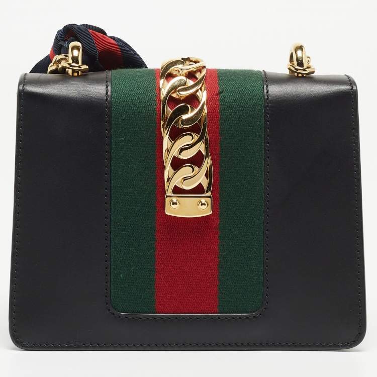 Pre Owned Gucci Black Leather Mini Web Chain Sylvie Crossbody Bag