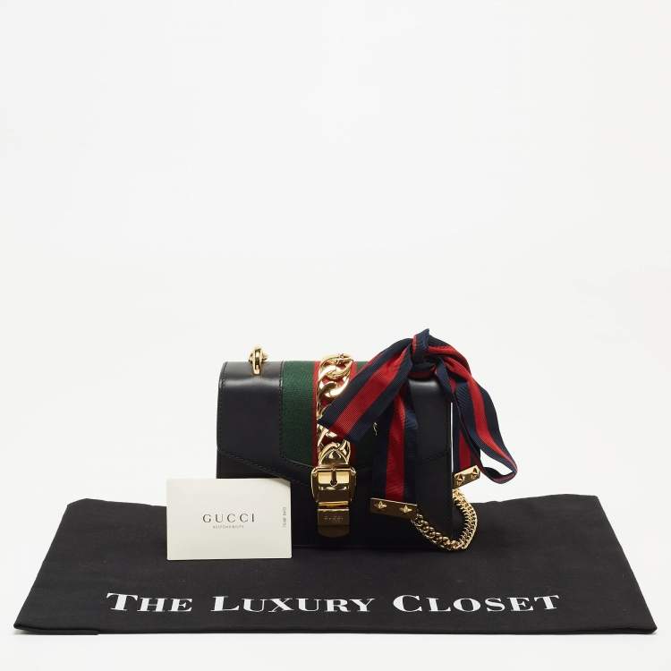 Pre Owned Gucci Black Leather Mini Web Chain Sylvie Crossbody Bag