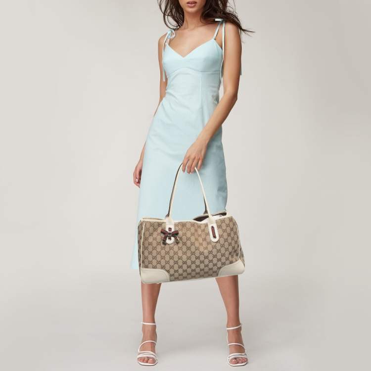 Pre Owned Gucci White/Beige GG Canvas and Leather Princy Tote 