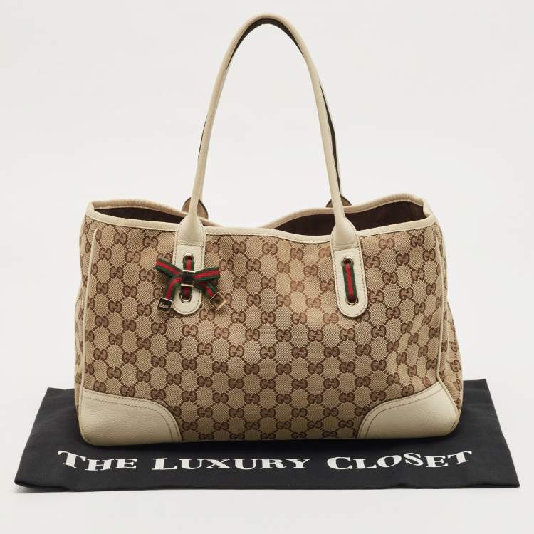Pre Owned Gucci White/Beige GG Canvas and Leather Princy Tote 