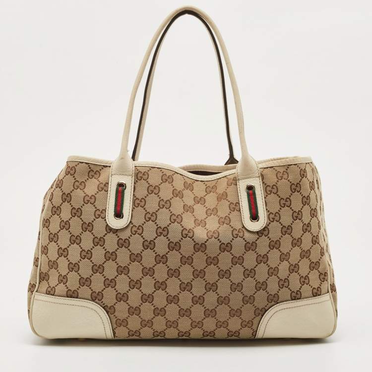 Pre Owned Gucci White/Beige GG Canvas and Leather Princy Tote 