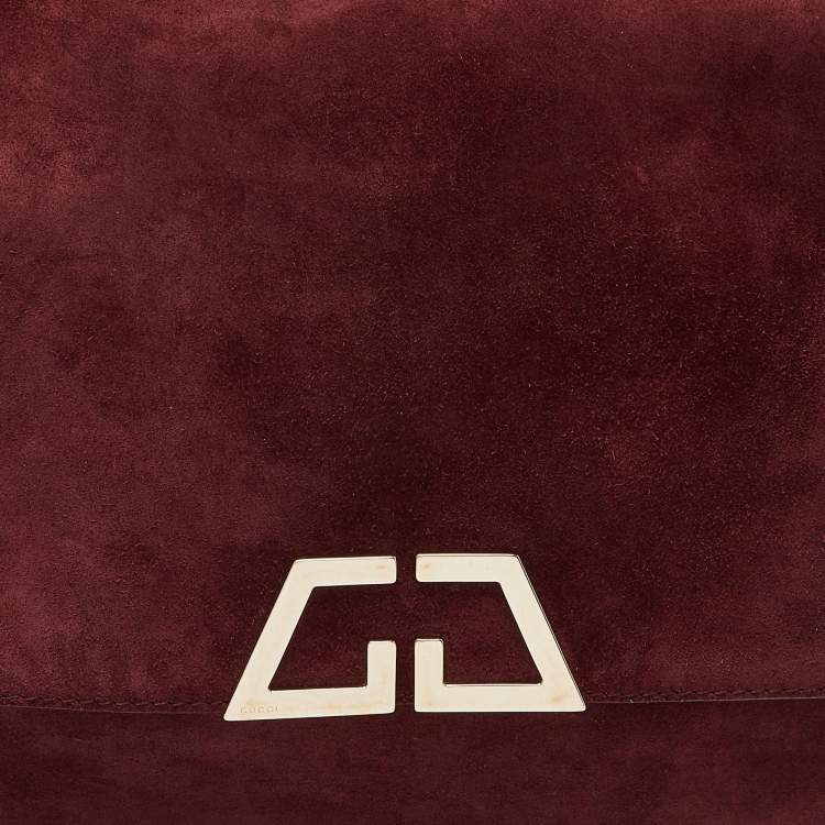 Pre Owned Gucci Burgundy Suede Double G Logo Flap Shoulder Bag