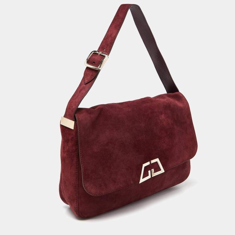 Pre Owned Gucci Burgundy Suede Double G Logo Flap Shoulder Bag