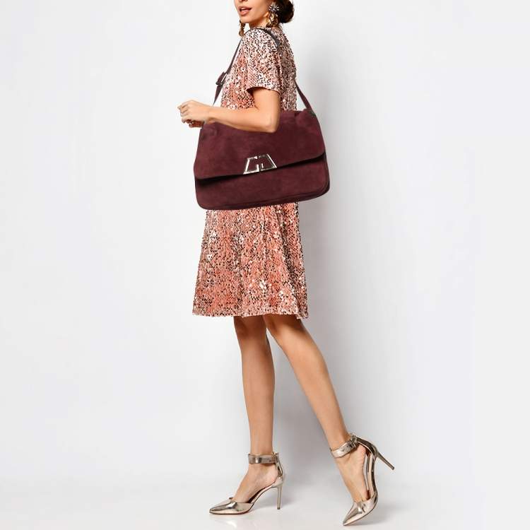 Pre Owned Gucci Burgundy Suede Double G Logo Flap Shoulder Bag
