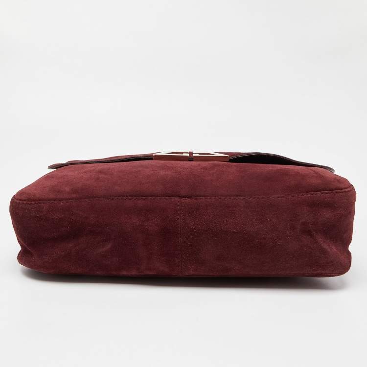 Pre Owned Gucci Burgundy Suede Double G Logo Flap Shoulder Bag