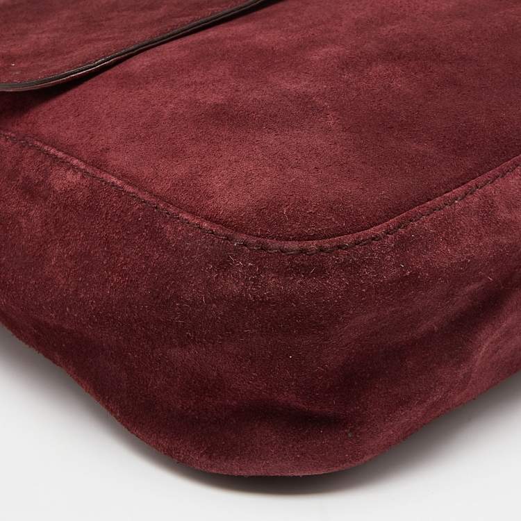 Pre Owned Gucci Burgundy Suede Double G Logo Flap Shoulder Bag
