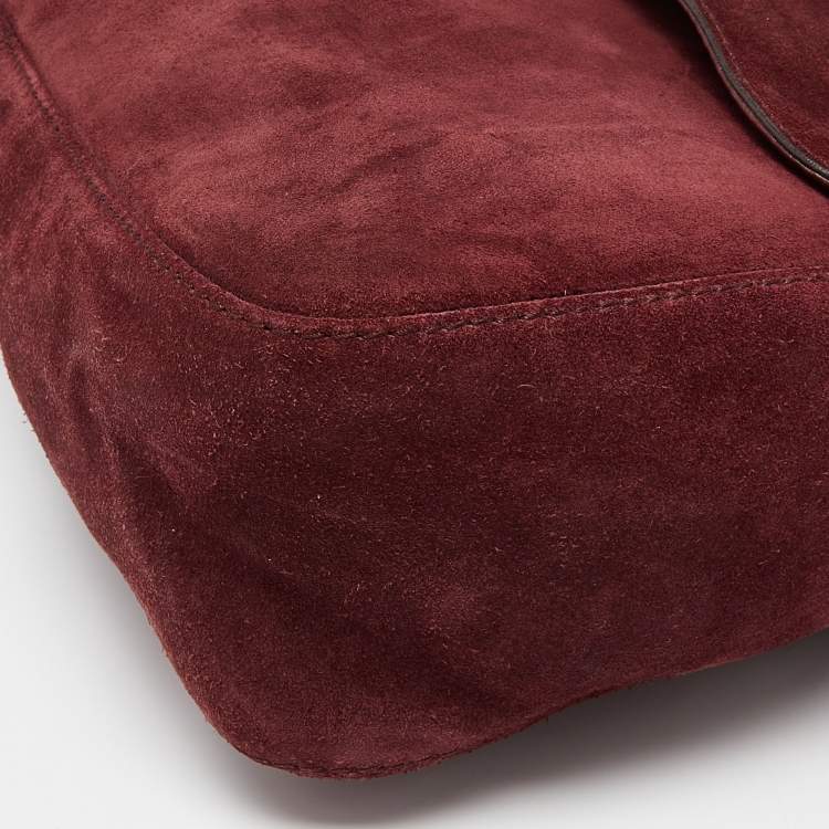Pre Owned Gucci Burgundy Suede Double G Logo Flap Shoulder Bag