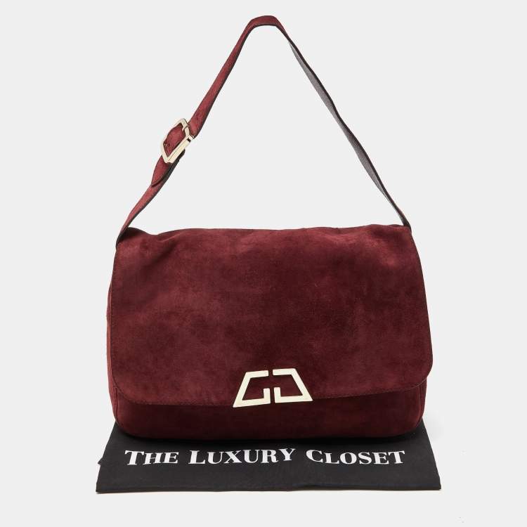 Pre Owned Gucci Burgundy Suede Double G Logo Flap Shoulder Bag